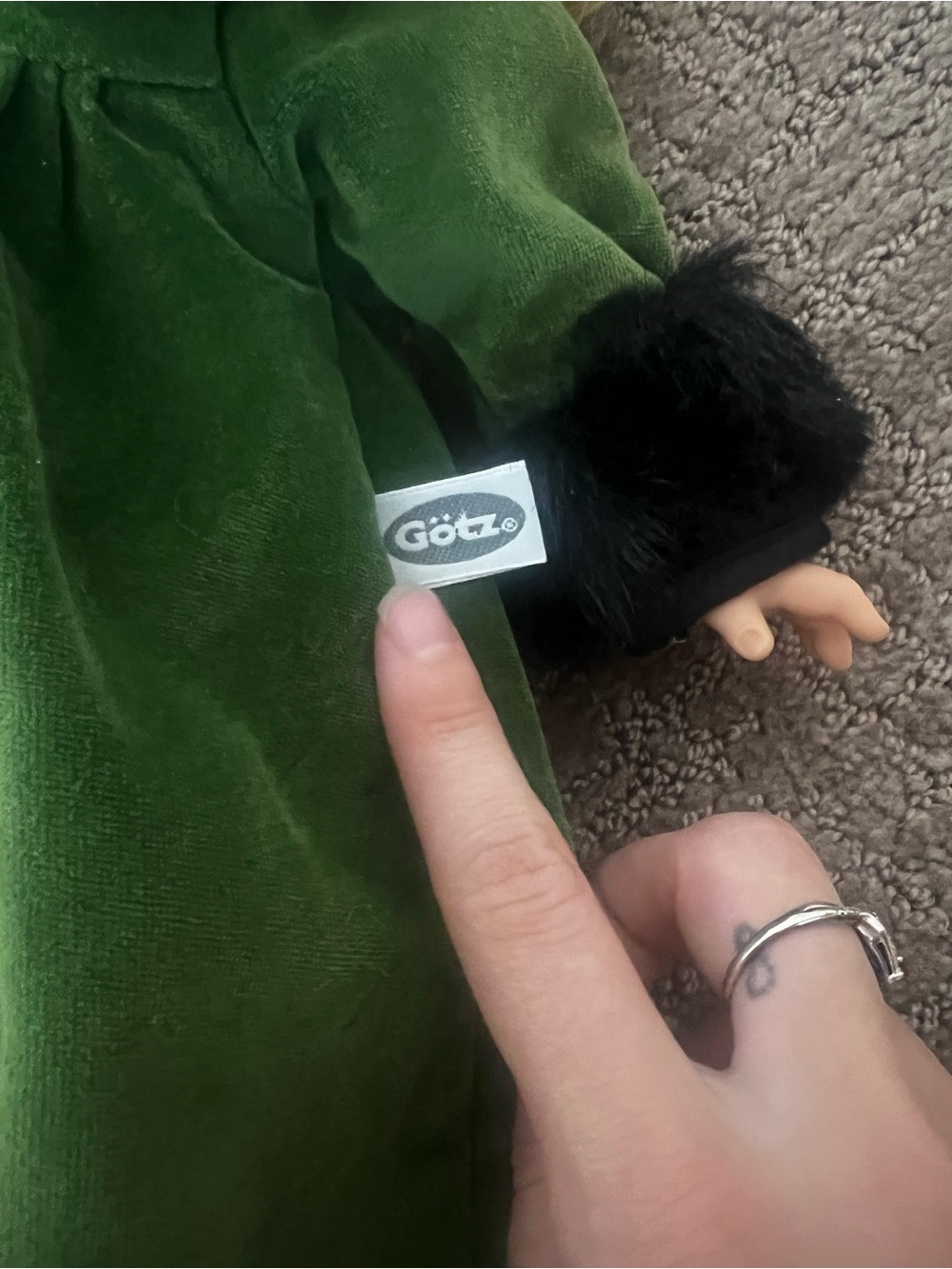 Vintage Götz Doll Blonde Hair Green Velvet Dress w/ Faux Fur Trim Germany - Picture 7 of 12